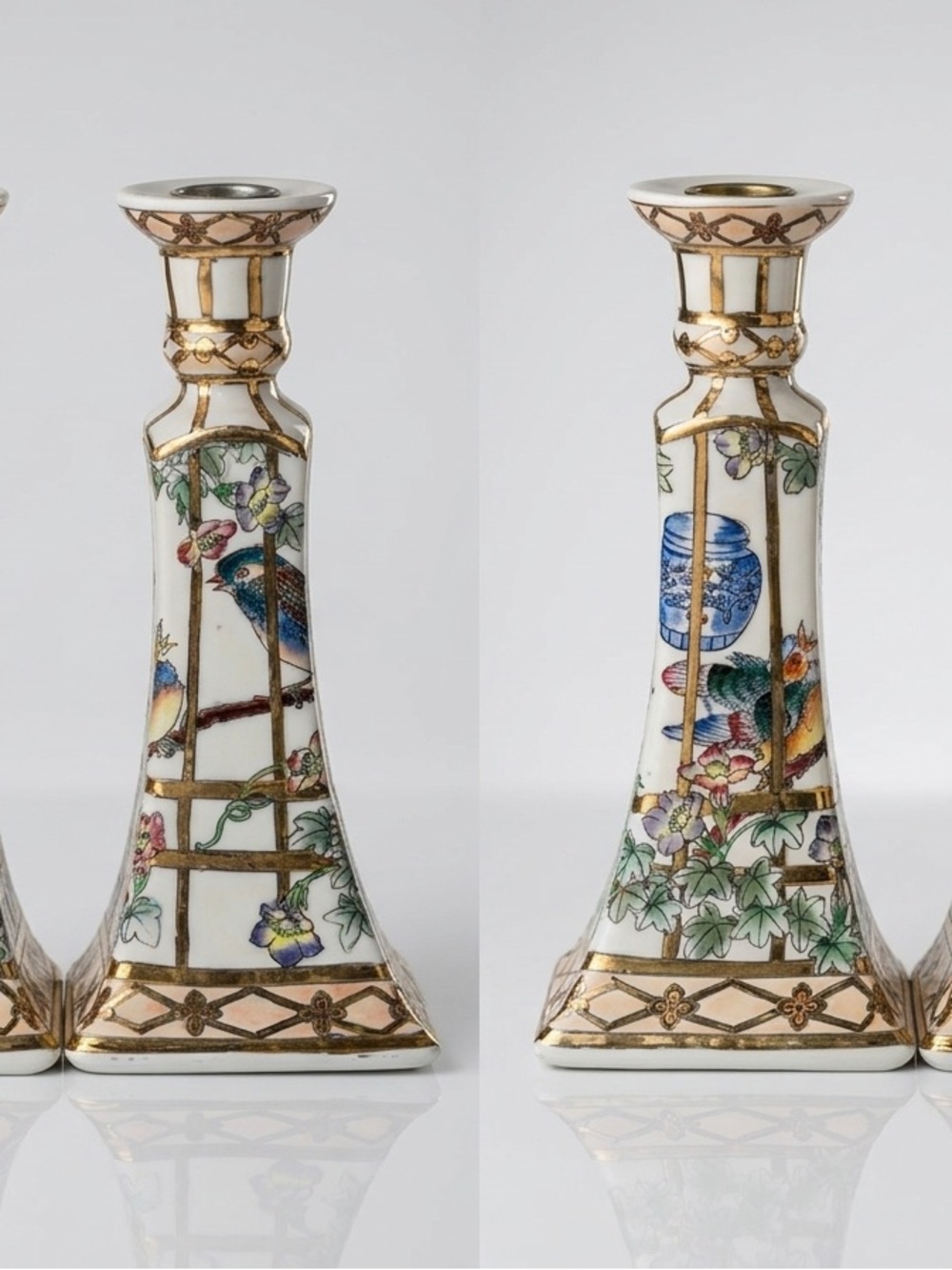 Pair Of Chinoserie Porcelain Hand Painted Set Candlesticks